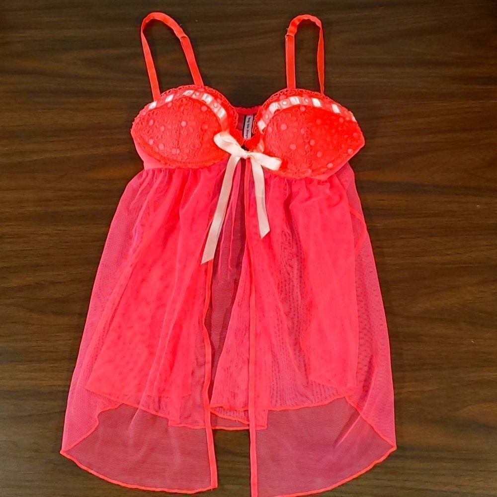 Victoria Secret Sexy Little Things Lingerie Front Open Sheer Babydoll 34B Orange